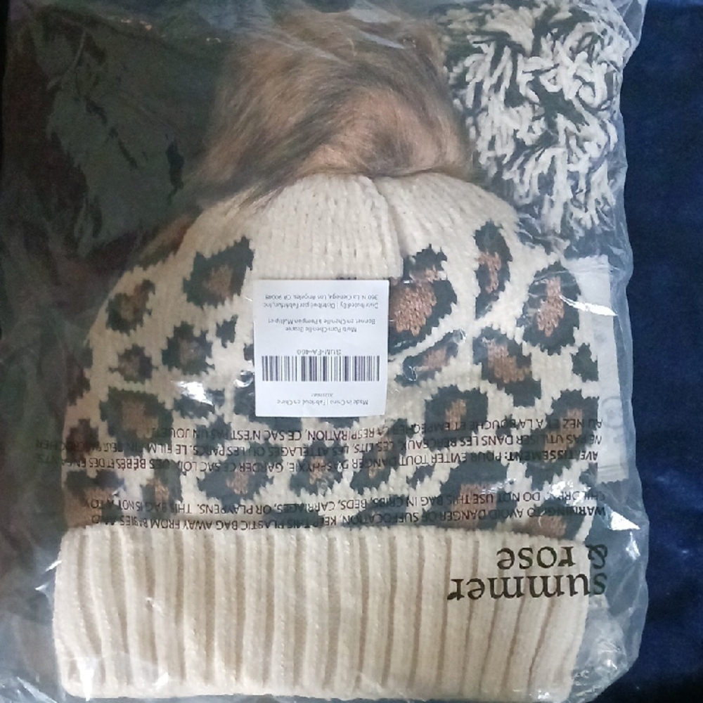 Summer & Rose Leopard Print Multi Pom Chenille Beanie (NWT)